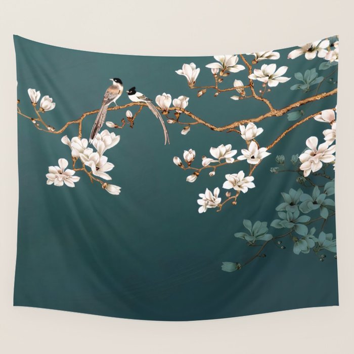 Chinoiserie Teal Magnolia Blossom Bird Garden Wall Tapestry Gallery Image 4