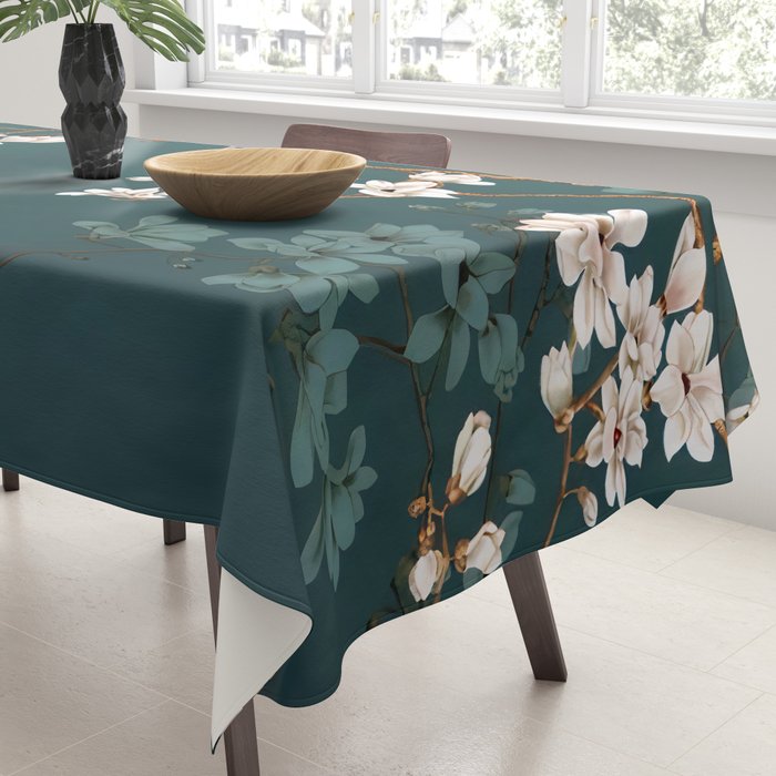 Chinoiserie Teal Magnolia Blossom Bird Garden Tablecloth Gallery Image 3