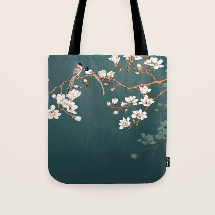 Chinoiserie Teal Magnolia Blossom Bird Garden Tote Bag Gallery Image 1