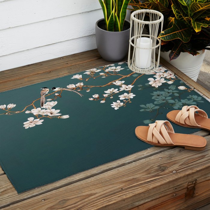 Chinoiserie Teal Magnolia Blossom Bird Garden Outdoor Rug Gallery Image 2