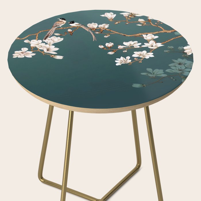 Chinoiserie Teal Magnolia Blossom Bird Garden Side Table Gallery Image 2