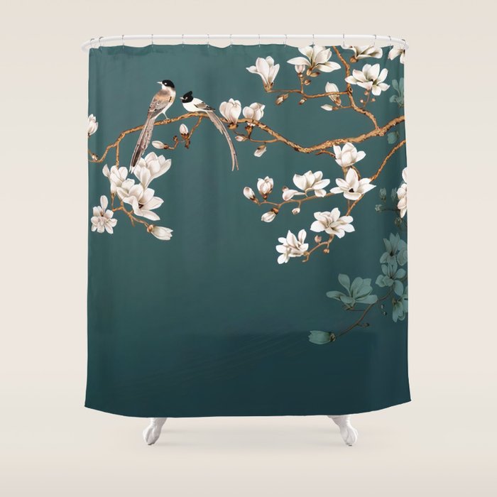 Chinoiserie Teal Magnolia Blossom Bird Garden Shower Curtain Gallery Image 1