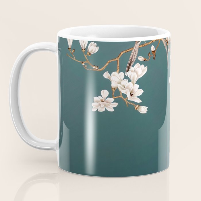 Chinoiserie Teal Magnolia Blossom Bird Garden Coffee Mug Gallery Image 3