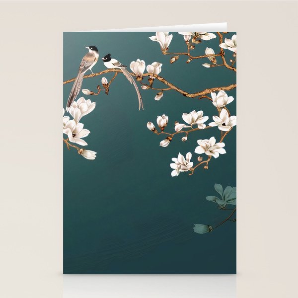 Chinoiserie Teal Magnolia Blossom Bird Garden Stationery Card Gallery Image 2
