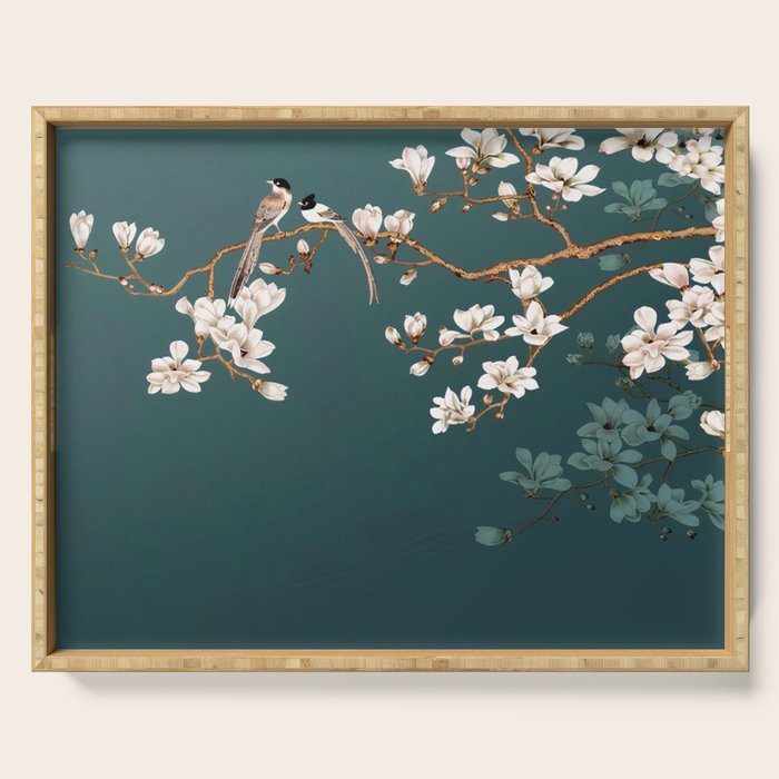 Chinoiserie Teal Magnolia Blossom Bird Garden Serving Tray Gallery Image 1