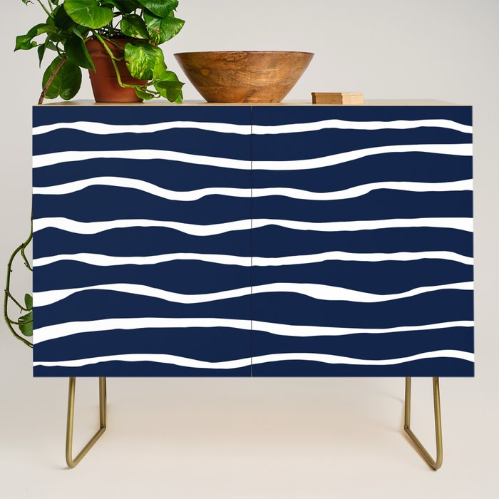 Ocean Ripple Modern Organic Stripe Pattern in White and Nautical Navy Blue Credenza Gallery Image 1