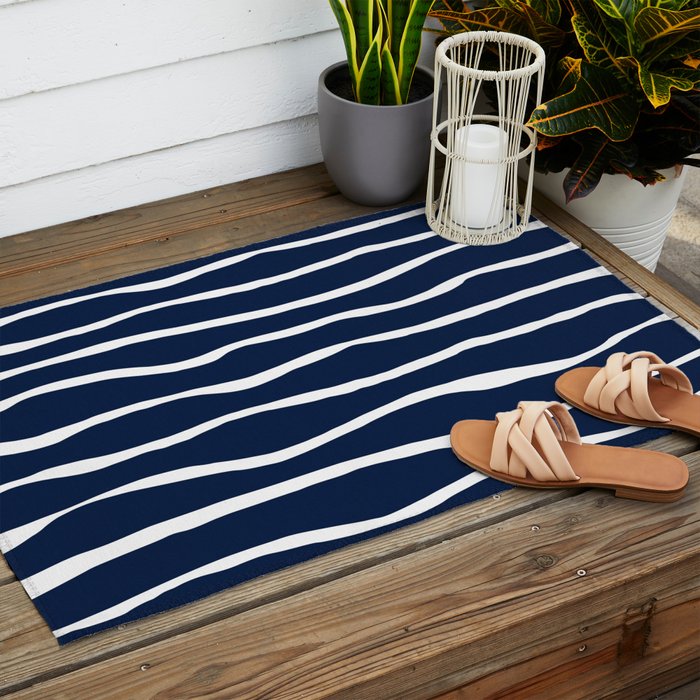 Ocean Ripple Modern Organic Stripe Pattern in White and Nautical Navy Blue Outdoor Rug Gallery Image 2