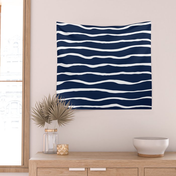 Ocean Ripple Modern Organic Stripe Pattern in White and Nautical Navy Blue Wall Tapestry Gallery Image 2