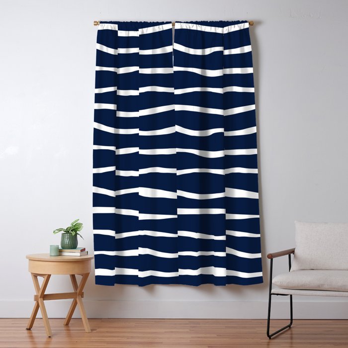 Ocean Ripple Modern Organic Stripe Pattern in White and Nautical Navy Blue Window Curtain Gallery Image 5
