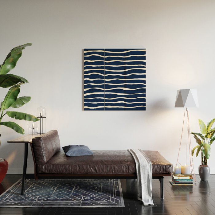 Ocean Ripple Modern Organic Stripe Pattern in White and Nautical Navy Blue Wood Wall Art Gallery Image 2