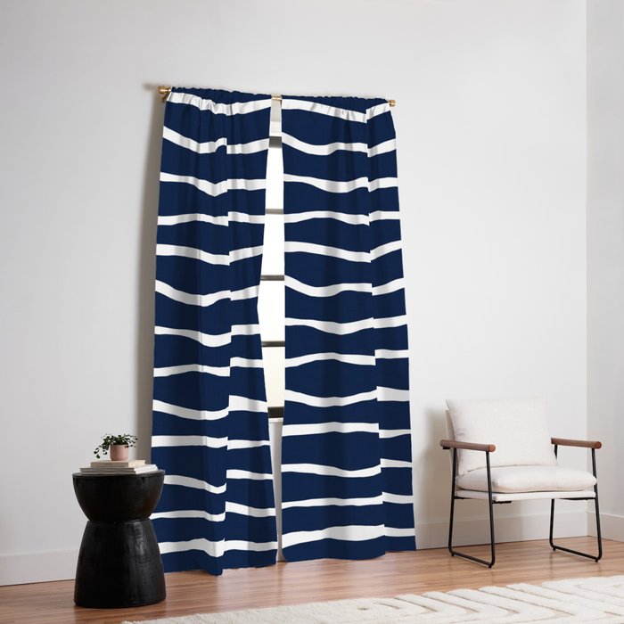 Ocean Ripple Modern Organic Stripe Pattern in White and Nautical Navy Blue Window Curtain Gallery Image 2