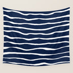Ocean Ripple Modern Organic Stripe Pattern in White and Nautical Navy Blue Wall Tapestry Gallery Image 4