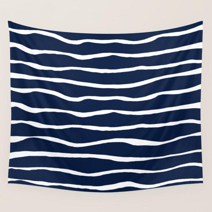 Ocean Ripple Modern Organic Stripe Pattern in White and Nautical Navy Blue Wall Tapestry Gallery Image 1