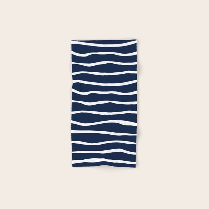Ocean Ripple Modern Organic Stripe Pattern in White and Nautical Navy Blue Bath Towel Gallery Image 1