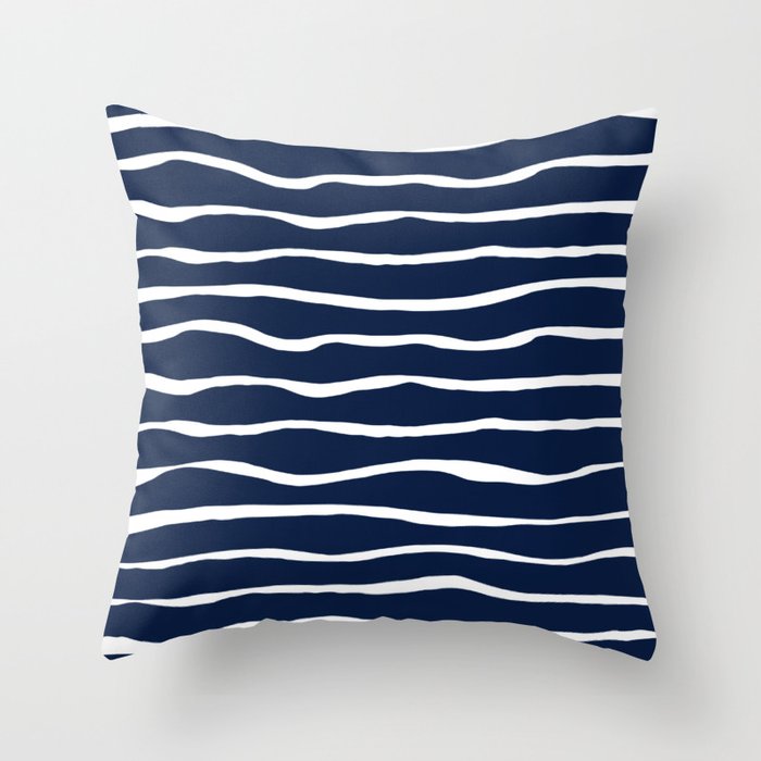 Ocean Ripple Modern Organic Stripe Pattern in White and Nautical Navy Blue Throw Pillow Gallery Image 1
