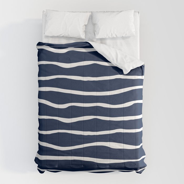 Ocean Ripple Modern Organic Stripe Pattern in White and Nautical Navy Blue Comforter Gallery Image 6