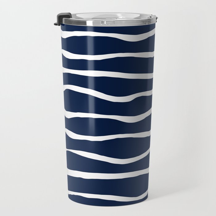 Ocean Ripple Modern Organic Stripe Pattern in White and Nautical Navy Blue Travel Mug Gallery Image 3