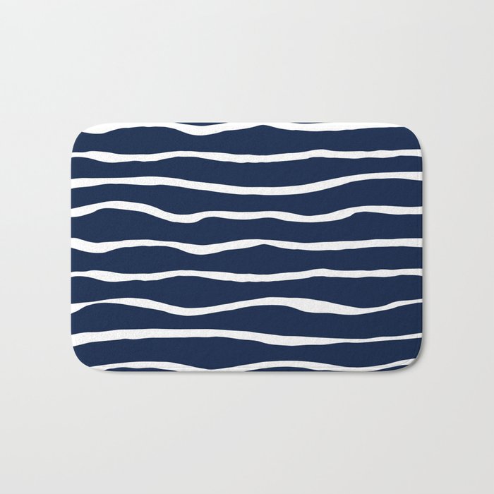 Ocean Ripple Modern Organic Stripe Pattern in White and Nautical Navy Blue Bath Mat Gallery Image 1