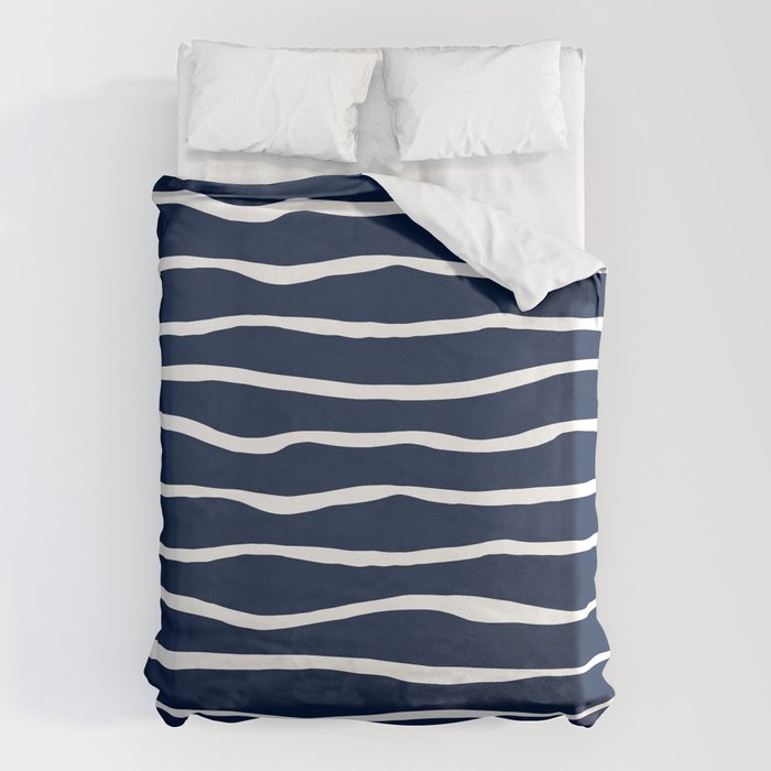 Ocean Ripple Modern Organic Stripe Pattern in White and Nautical Navy Blue Duvet Cover Gallery Image 1
