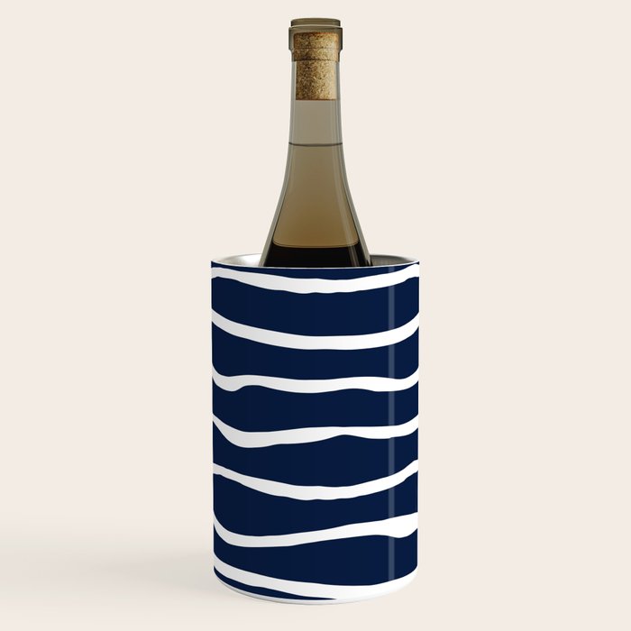 Ocean Ripple Modern Organic Stripe Pattern in White and Nautical Navy Blue Wine Chiller Gallery Image 1