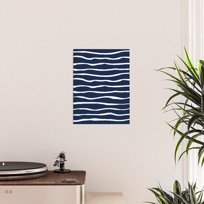 Ocean Ripple Modern Organic Stripe Pattern in White and Nautical Navy Blue Poster Gallery Image 2