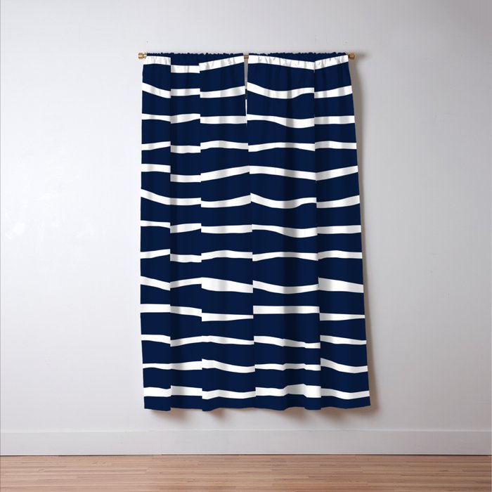 Ocean Ripple Modern Organic Stripe Pattern in White and Nautical Navy Blue Window Curtain Gallery Image 3