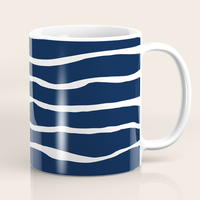 Ocean Ripple Modern Organic Stripe Pattern in White and Nautical Navy Blue Coffee Mug Gallery Image 1