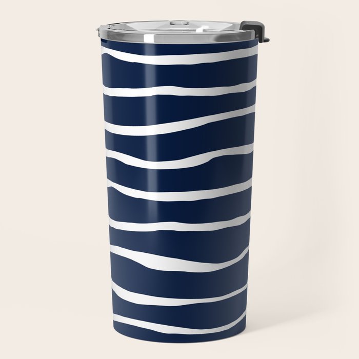 Ocean Ripple Modern Organic Stripe Pattern in White and Nautical Navy Blue Travel Mug Gallery Image 2