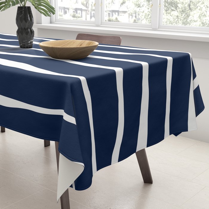Ocean Ripple Modern Organic Stripe Pattern in White and Nautical Navy Blue Tablecloth Gallery Image 3