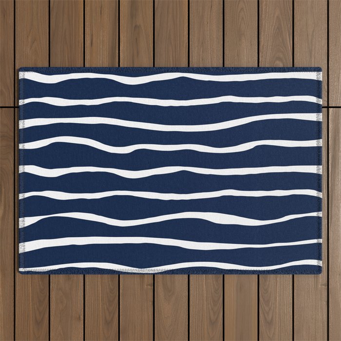 Ocean Ripple Modern Organic Stripe Pattern in White and Nautical Navy Blue Outdoor Rug Gallery Image 1