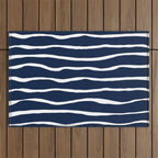 Ocean Ripple Modern Organic Stripe Pattern in White and Nautical Navy Blue Outdoor Rug Gallery Image 1