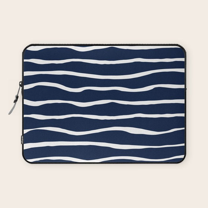 Ocean Ripple Modern Organic Stripe Pattern in White and Nautical Navy Blue Laptop Sleeve Gallery Image 1