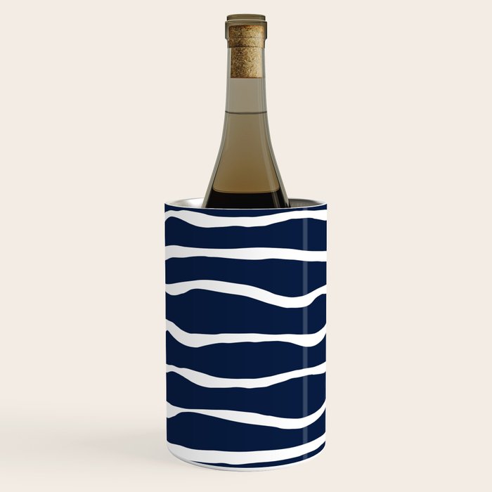 Ocean Ripple Modern Organic Stripe Pattern in White and Nautical Navy Blue Wine Chiller Gallery Image 2