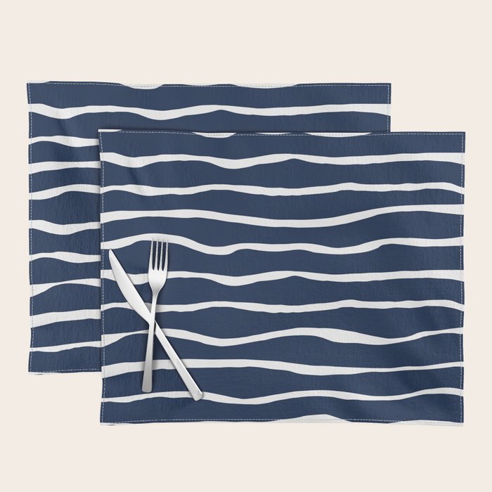 Ocean Ripple Modern Organic Stripe Pattern in White and Nautical Navy Blue Placemat Gallery Image 1