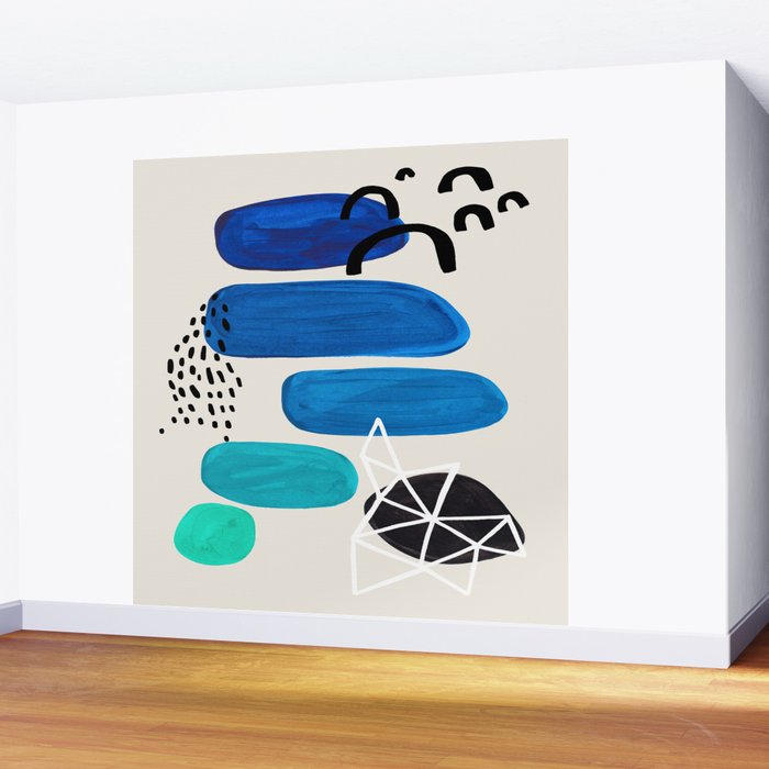 Fun Abstract Minimalist Mid Century Modern Colorful Shapes Marine Green Blue Ombre Watercolor Bubble Wall Mural Gallery Image 2