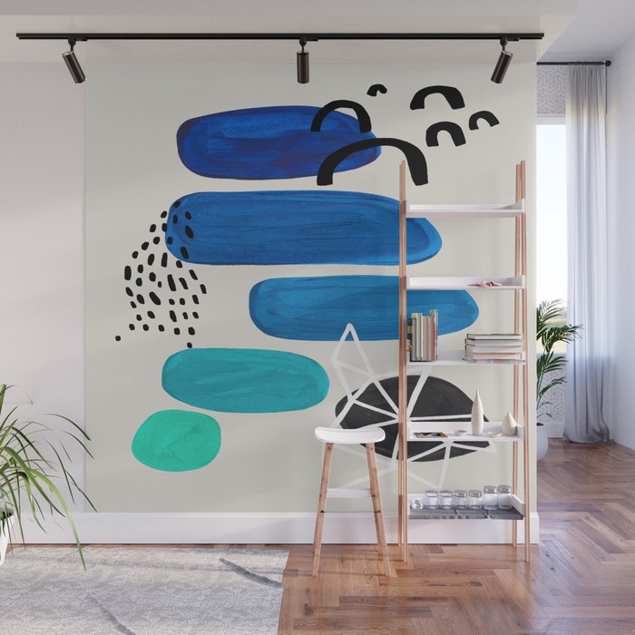 Fun Abstract Minimalist Mid Century Modern Colorful Shapes Marine Green Blue Ombre Watercolor Bubble Wall Mural Gallery Image 1