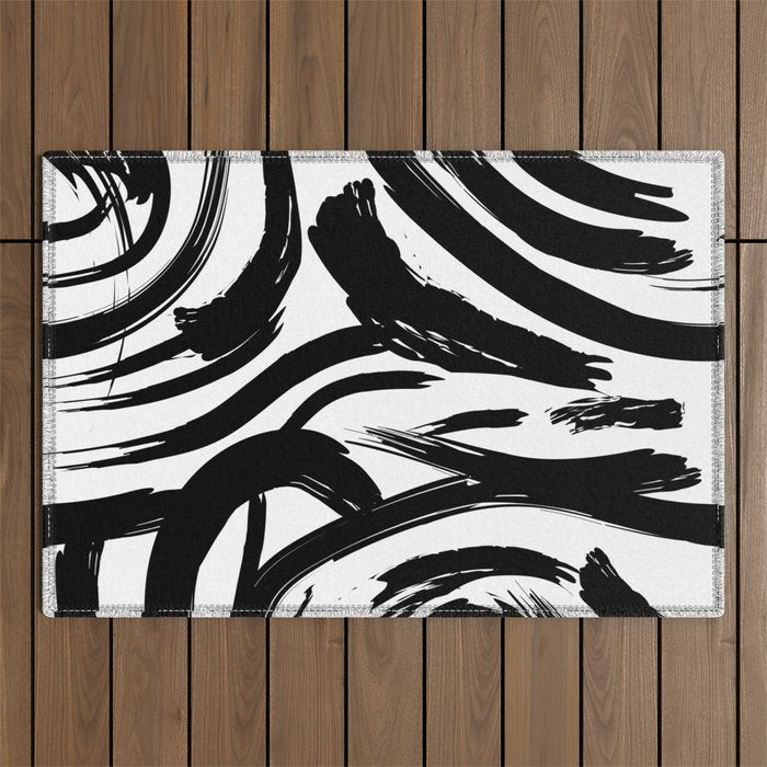 Abstract black and white paint brush stroke pattern Outdoor Rug Gallery Image 1