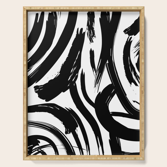 Abstract black and white paint brush stroke pattern Serving Tray Gallery Image 1