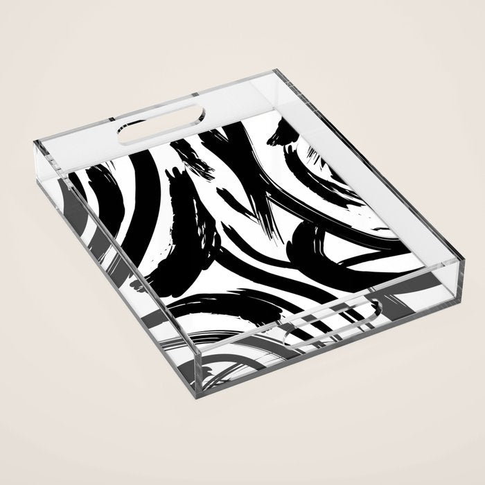 Abstract black and white paint brush stroke pattern Acrylic Tray Gallery Image 1