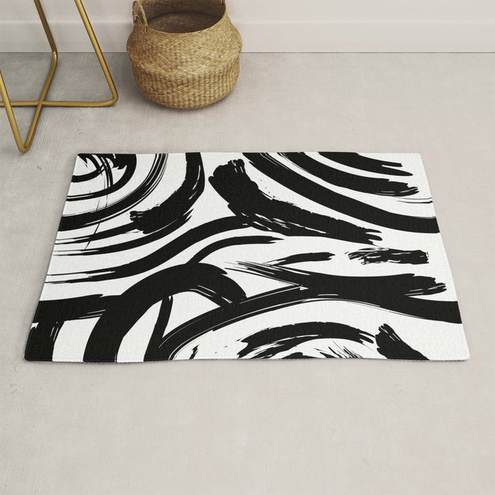 Abstract black and white paint brush stroke pattern Rug Gallery Image 1