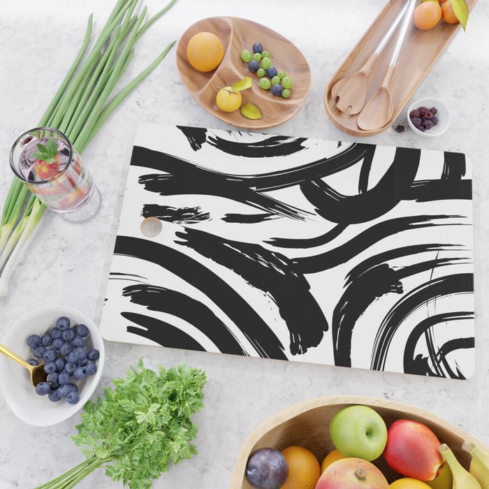 Abstract black and white paint brush stroke pattern Cutting Board Gallery Image 2
