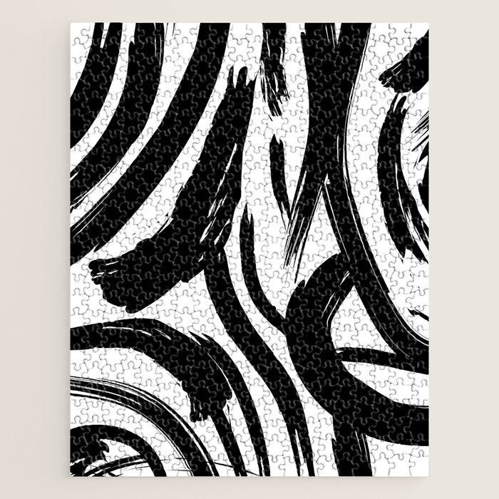 Abstract black and white paint brush stroke pattern Jigsaw Puzzle Gallery Image 1