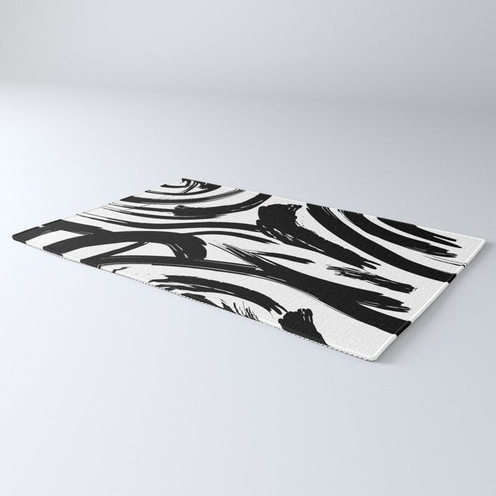 Abstract black and white paint brush stroke pattern Rug Gallery Image 3