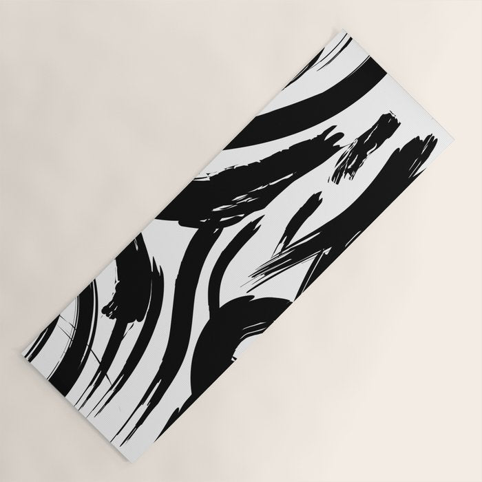 Abstract black and white paint brush stroke pattern Yoga Mat Gallery Image 1