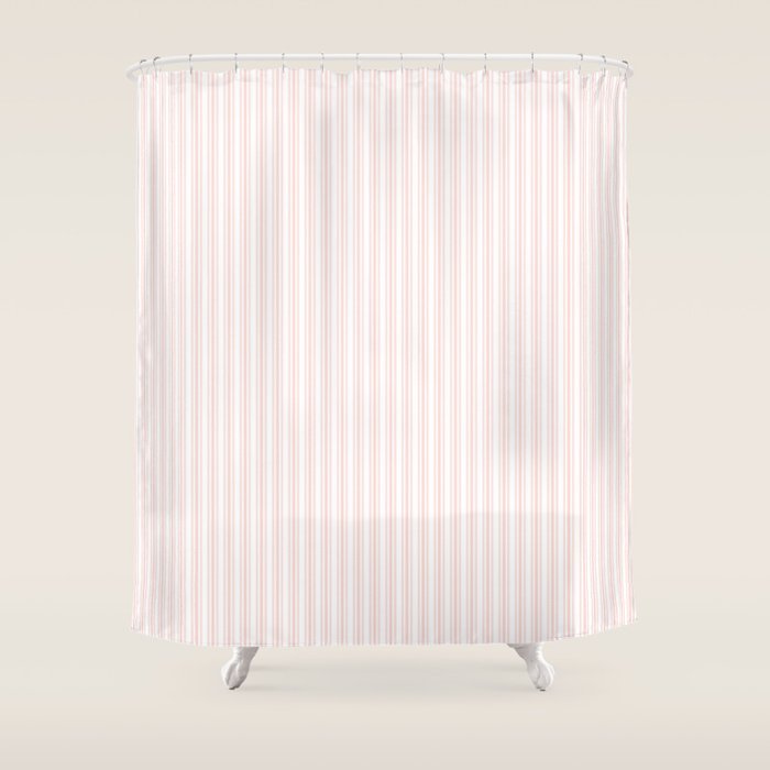 Classic Small Pink Rosebud Pastel Pink French Mattress Ticking Double Stripes Shower Curtain Gallery Image 1