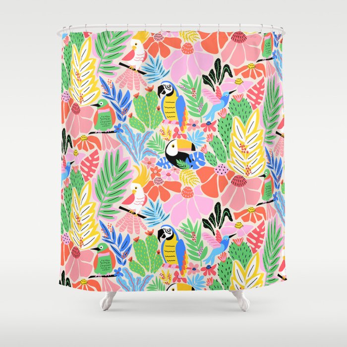Joyful Jungle Exotic Birds Colorful Pattern Shower Curtain Gallery Image 1