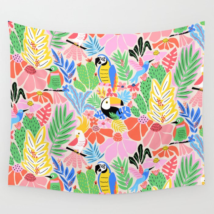 Joyful Jungle Exotic Birds Colorful Pattern Wall Tapestry Gallery Image 4