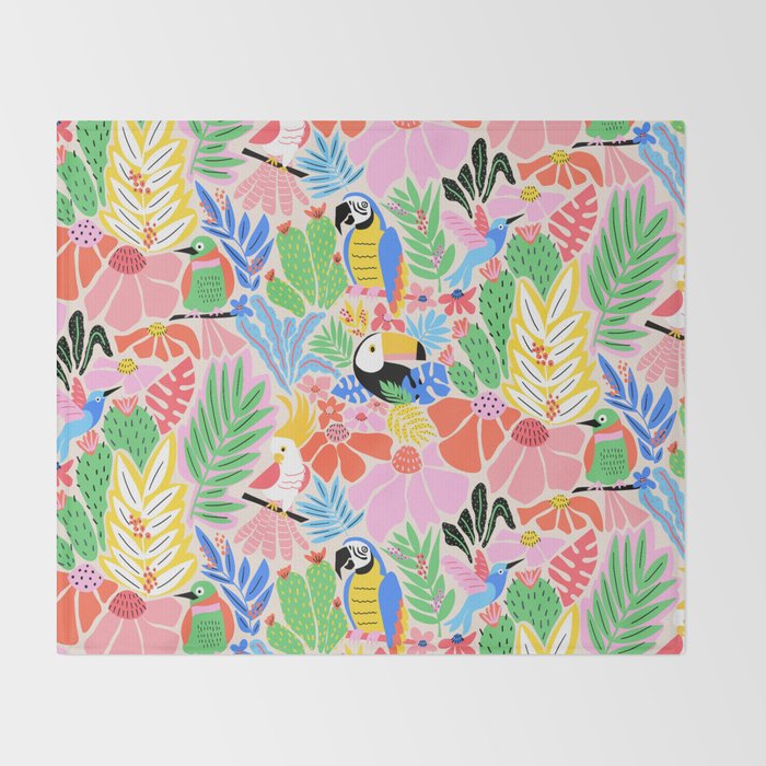 Joyful Jungle Exotic Birds Colorful Pattern Throw Blanket Gallery Image 2