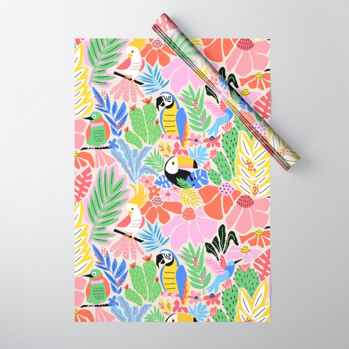 Joyful Jungle Exotic Birds Colorful Pattern Wrapping Paper Gallery Image 1