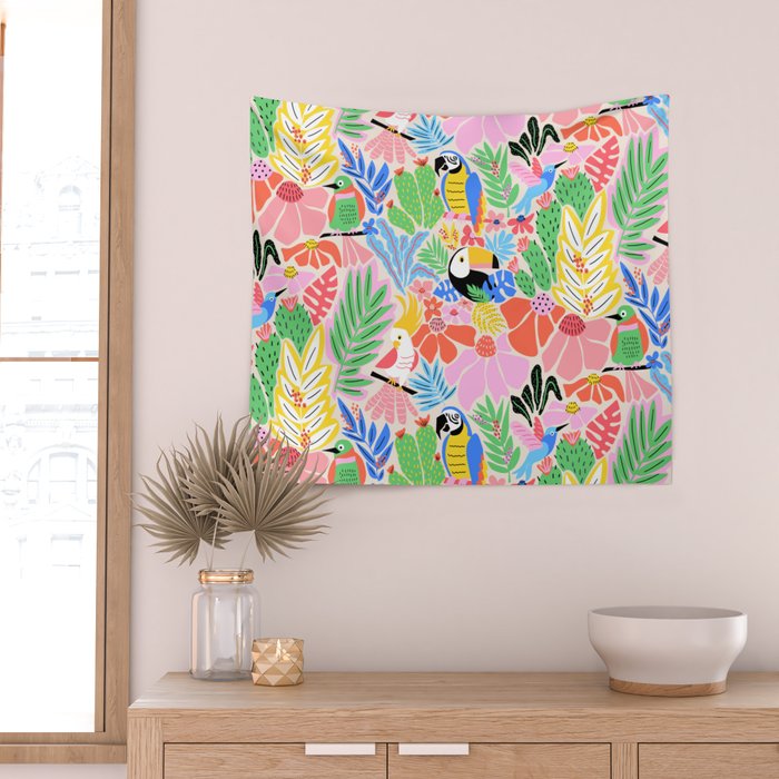 Joyful Jungle Exotic Birds Colorful Pattern Wall Tapestry Gallery Image 2
